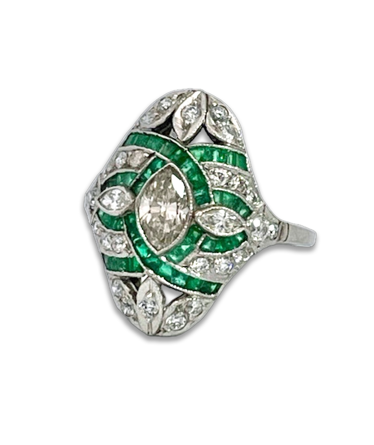 Deco Emerald Diamond Shuttle Ring 18K
