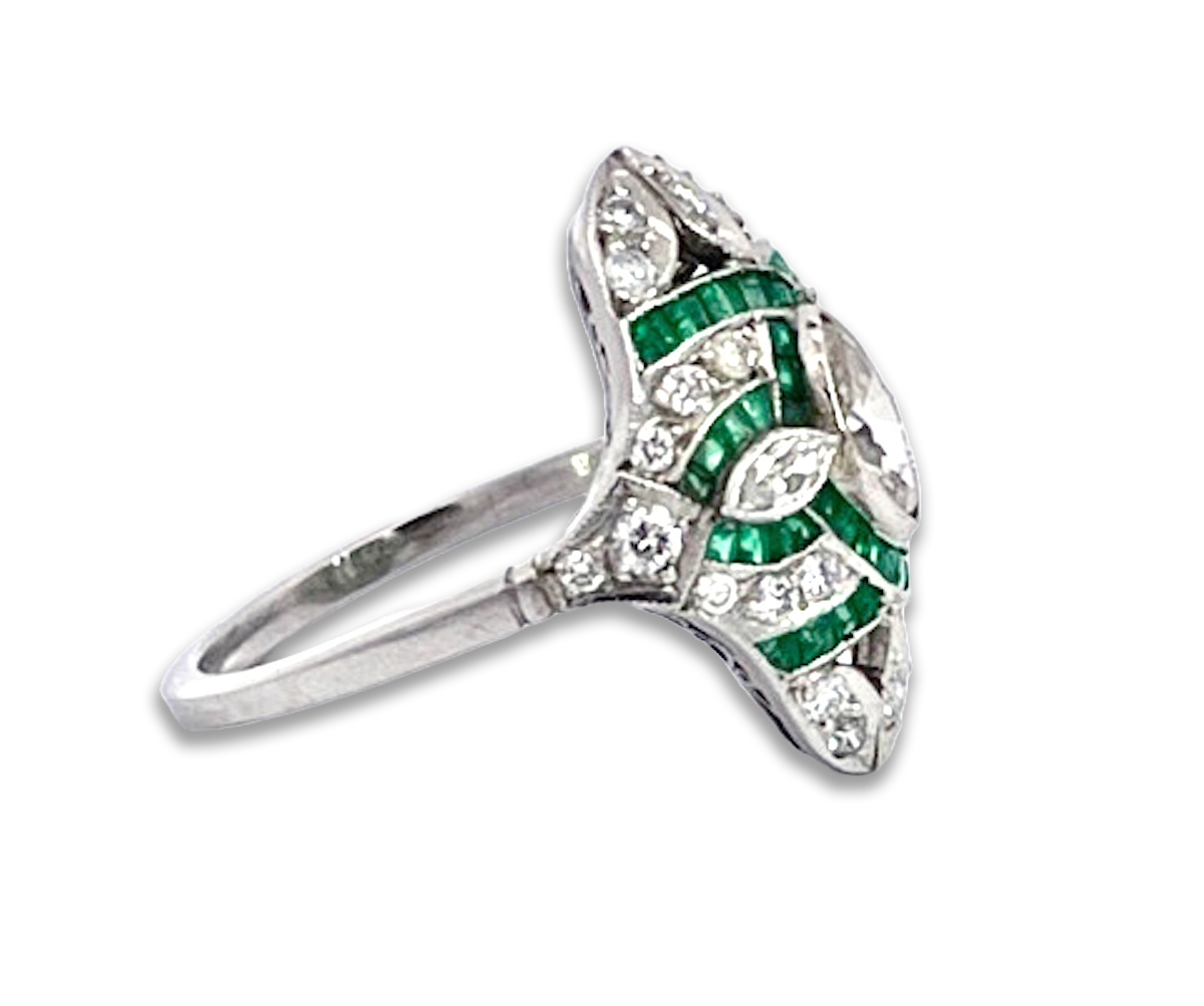 Deco Emerald Diamond Shuttle Ring 18K