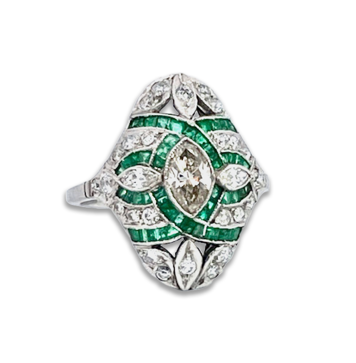 Deco Emerald Diamond Shuttle Ring 18K