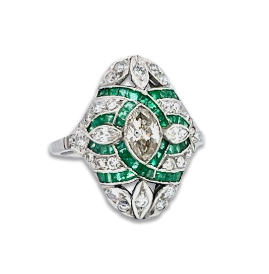Deco Emerald Diamond Shuttle Ring 18K