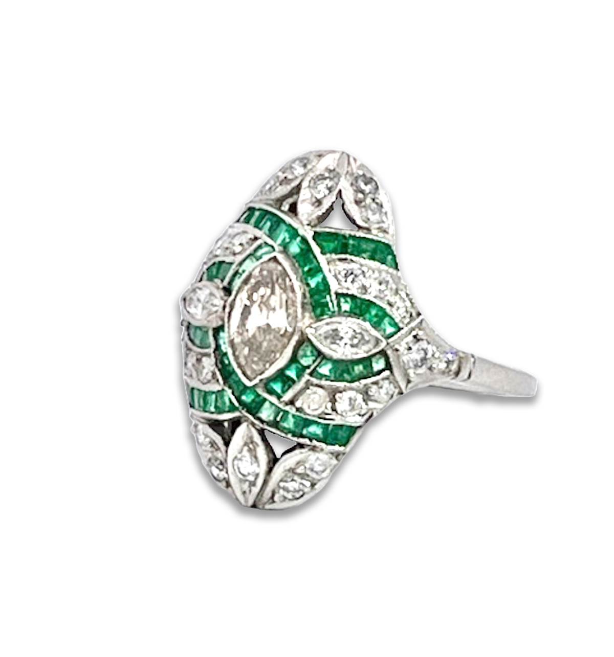 Deco Emerald Diamond Shuttle Ring 18K