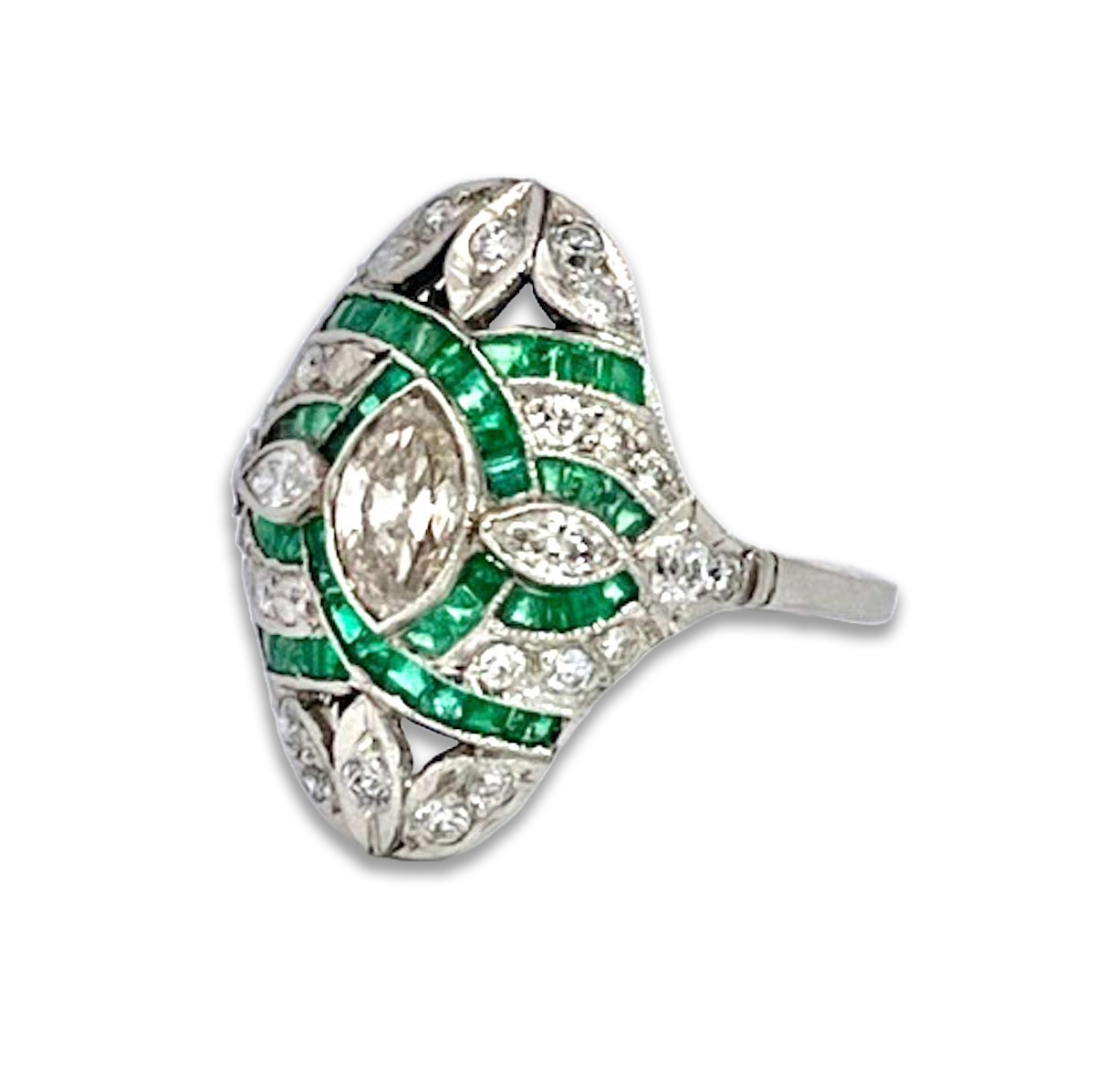 Deco Emerald Diamond Shuttle Ring 18K