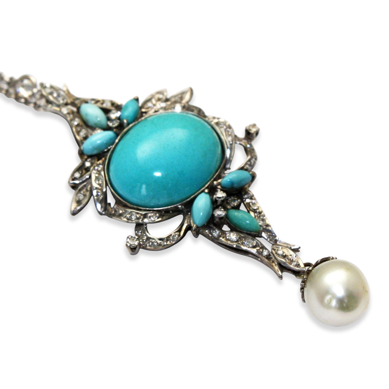 Persian Turquoise Pendant In Palladium With South Sea Pearl