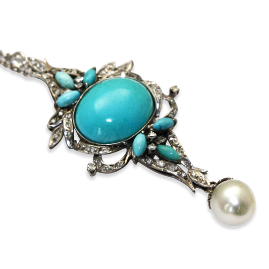 Persian Turquoise Pendant In Palladium With South Sea Pearl
