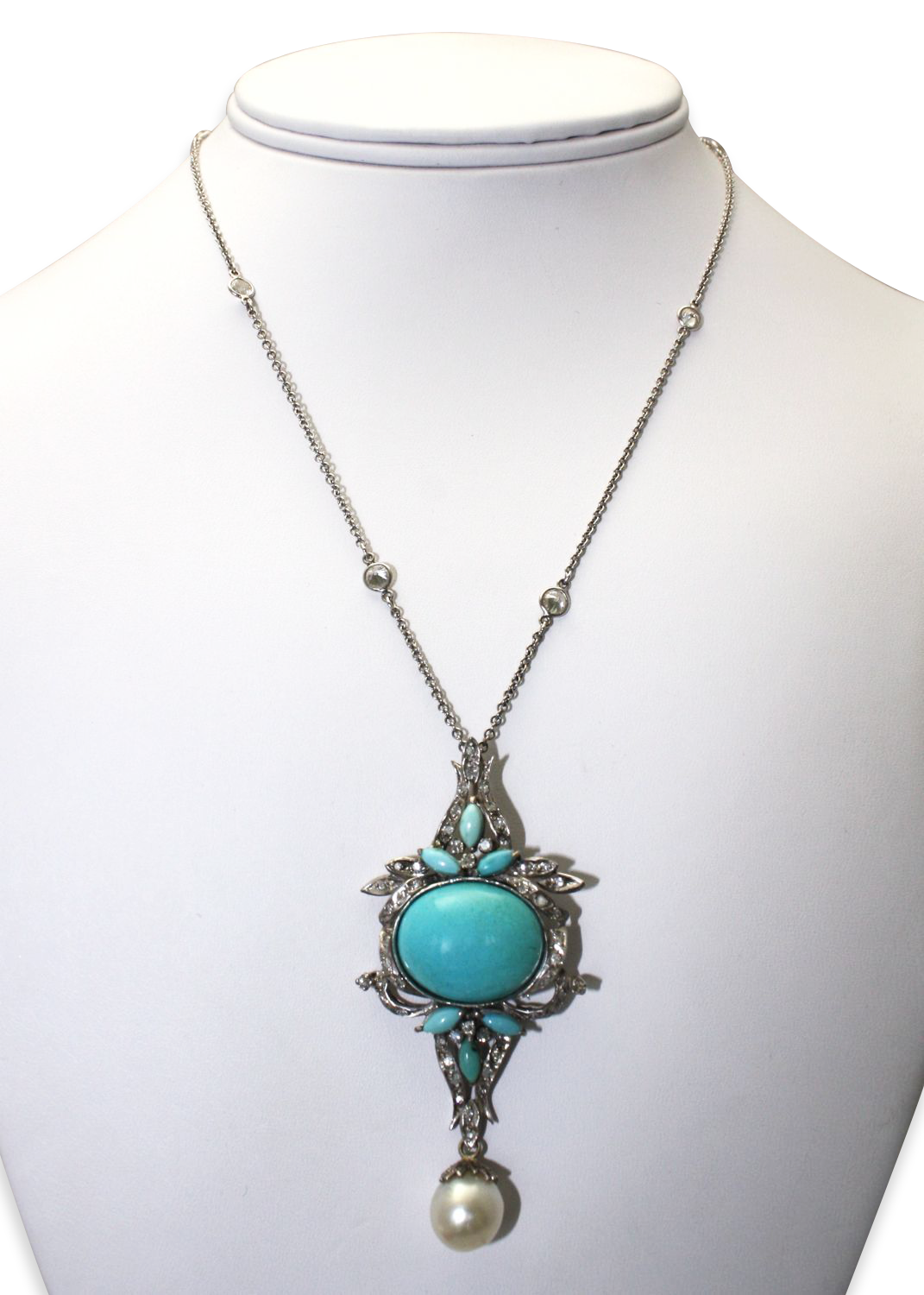 Persian Turquoise Pendant In Palladium With South Sea Pearl