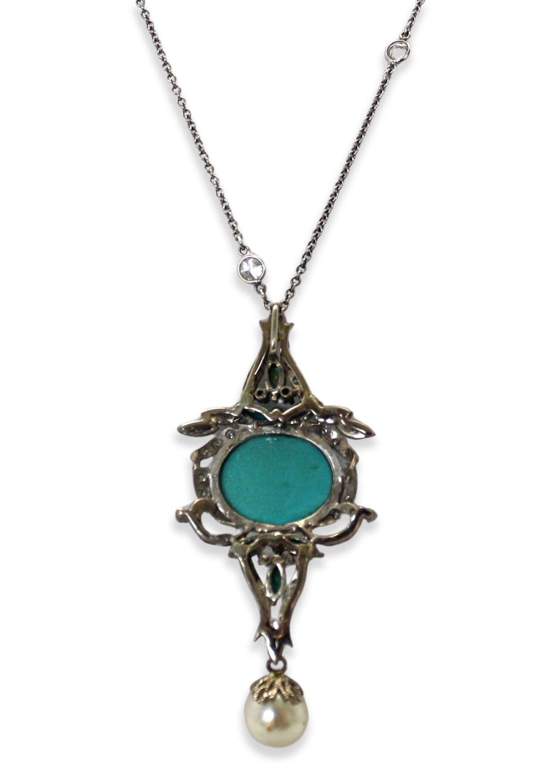 Persian Turquoise Pendant In Palladium With South Sea Pearl