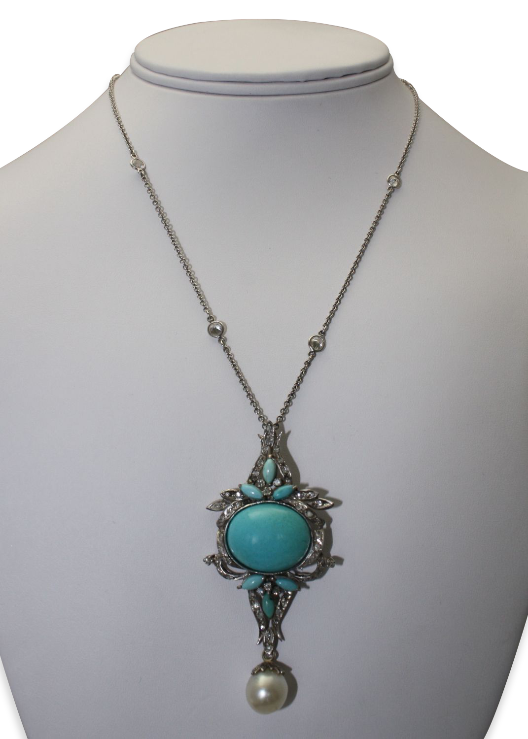Persian Turquoise Pendant In Palladium With South Sea Pearl