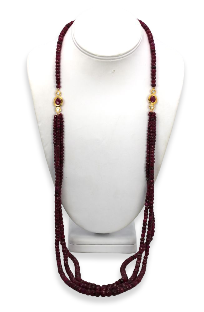 Triple Strand Ruby Bead Necklace With Diamonds