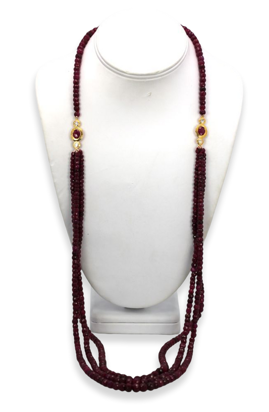 Triple Strand Ruby Bead Necklace With Diamonds