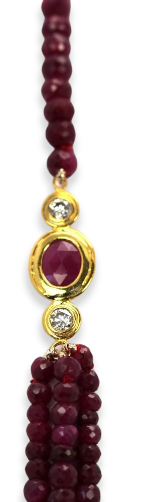 Triple Strand Ruby Bead Necklace With Diamonds