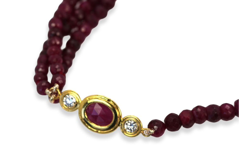Triple Strand Ruby Bead Necklace With Diamonds
