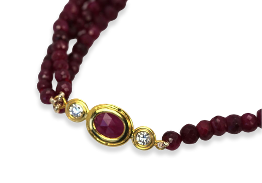 Triple Strand Ruby Bead Necklace With Diamonds