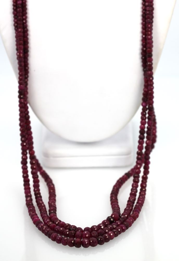 Triple Strand Ruby Bead Necklace With Diamonds