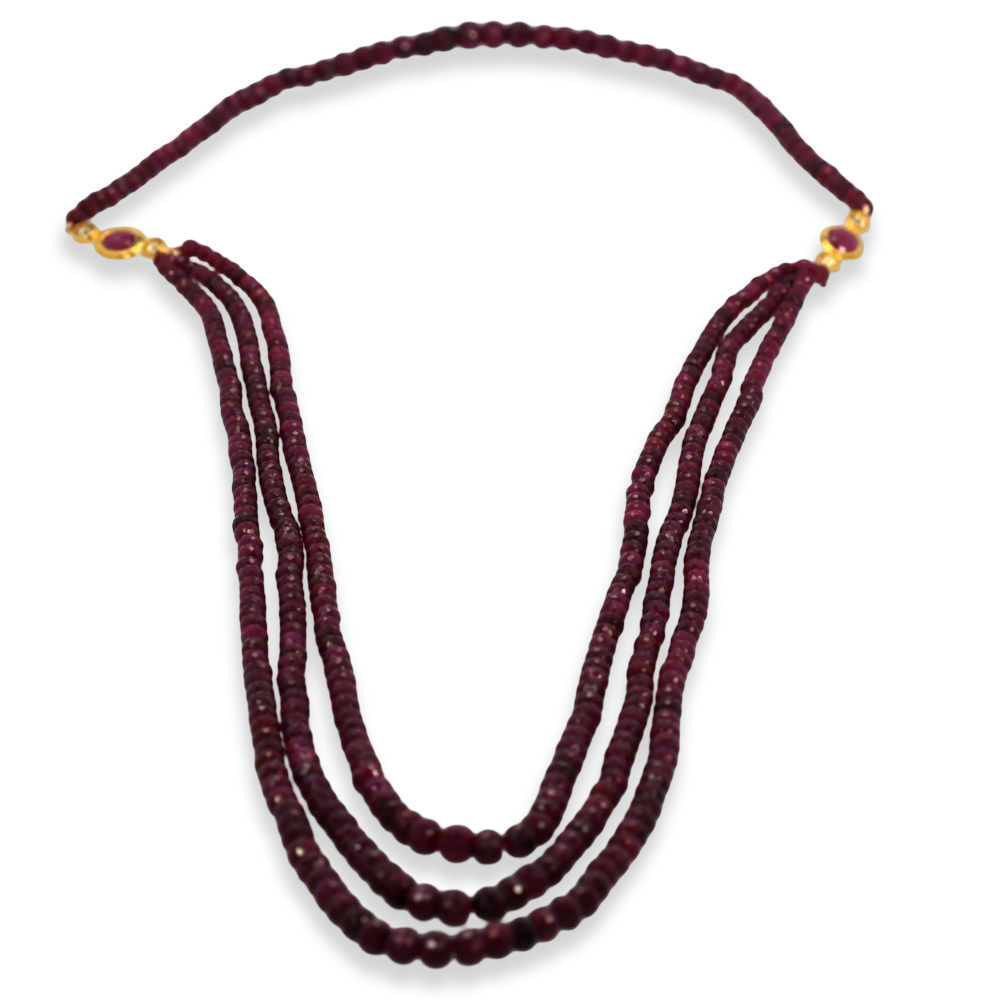 Triple Strand Ruby Bead Necklace With Diamonds