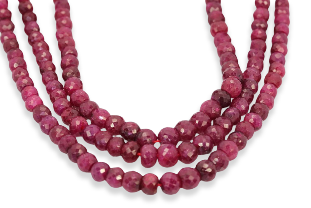 Triple Strand Ruby Bead Necklace With Diamonds