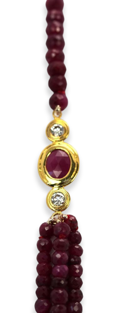 Triple Strand Ruby Bead Necklace With Diamonds