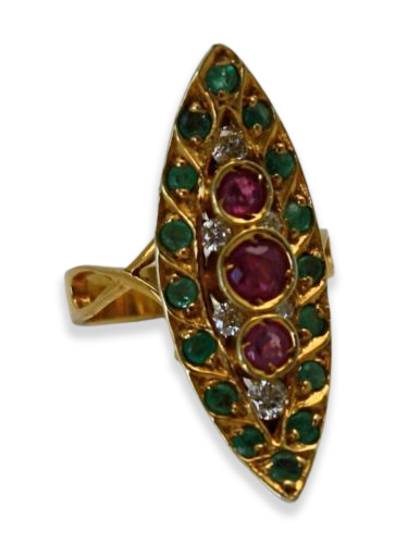 Deco Ruby Emerald & Diamond Pagoda Ring In 18K