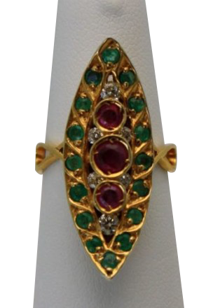 Deco Ruby Emerald & Diamond Pagoda Ring In 18K