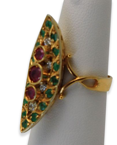 Deco Ruby Emerald & Diamond Pagoda Ring In 18K
