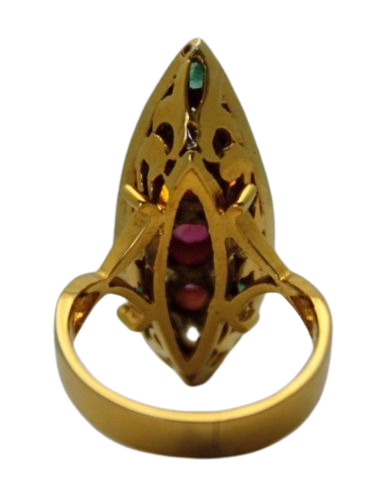 Deco Ruby Emerald & Diamond Pagoda Ring In 18K