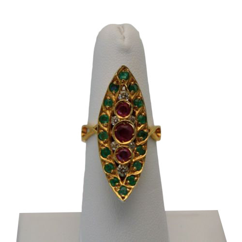 Deco Ruby Emerald & Diamond Pagoda Ring In 18K