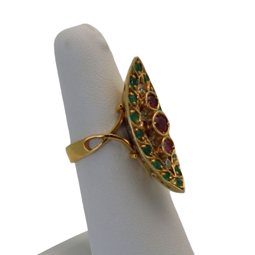 Deco Ruby Emerald & Diamond Pagoda Ring In 18K