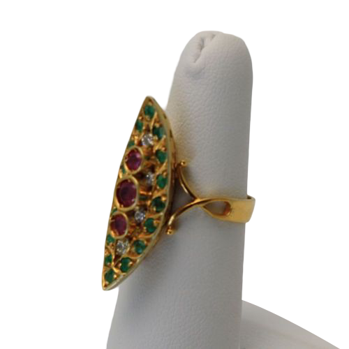 Deco Ruby Emerald & Diamond Pagoda Ring In 18K