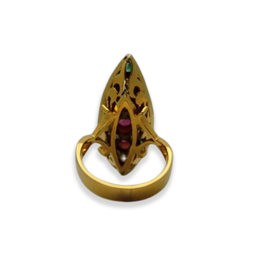 Deco Ruby Emerald & Diamond Pagoda Ring In 18K