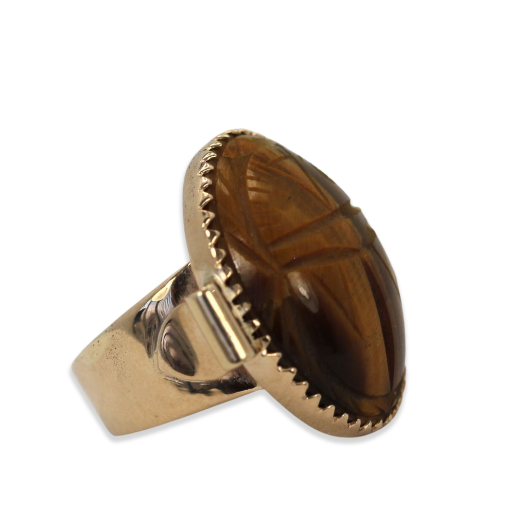 Vintage 18K Golden Tiger's Eye Scarab Ring With Side Tubes