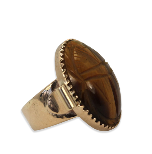 Vintage 18K Golden Tiger's Eye Scarab Ring With Side Tubes