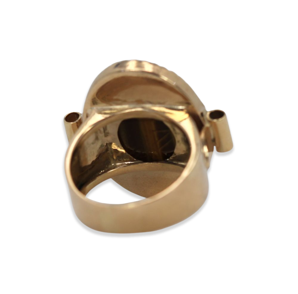 Vintage 18K Golden Tiger's Eye Scarab Ring With Side Tubes