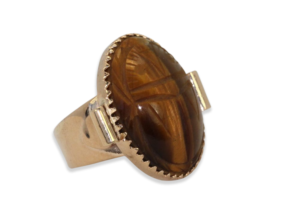Vintage 18K Golden Tiger's Eye Scarab Ring With Side Tubes