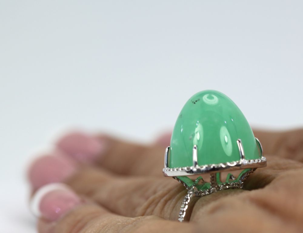 Chrysoprase Bullet Ring With Diamond Surround