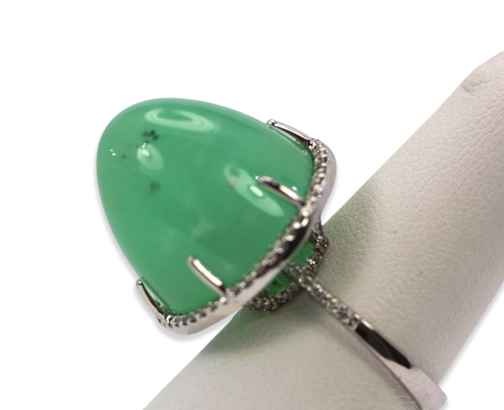 Chrysoprase Bullet Ring With Diamond Surround