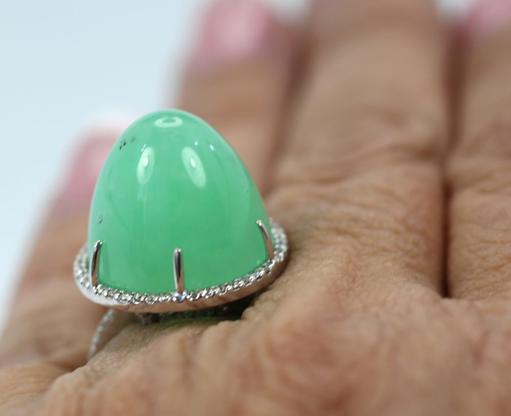 Chrysoprase Bullet Ring With Diamond Surround
