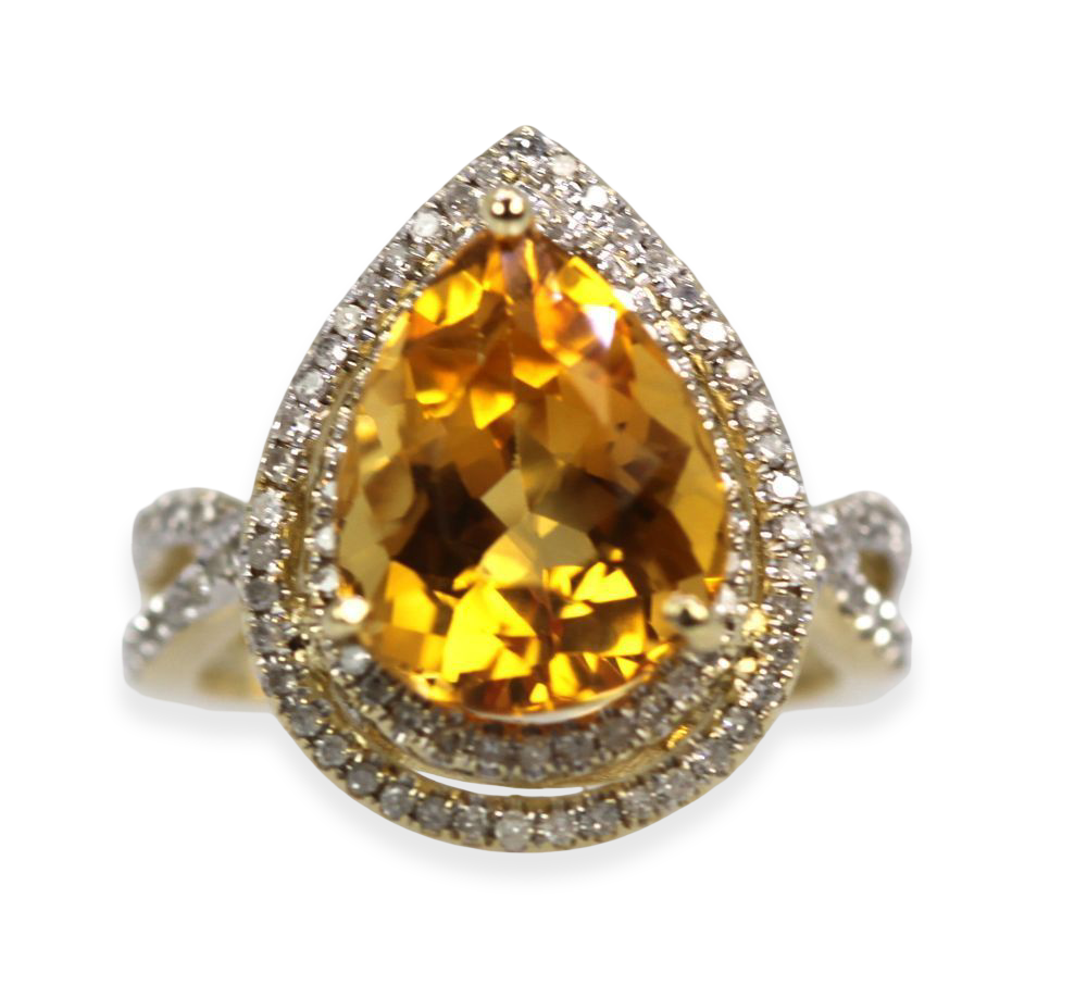 Citrine Pear Ring With Double Diamond Surround