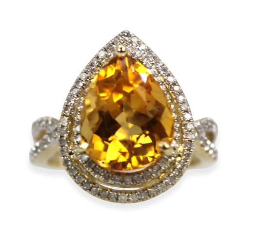 Citrine Pear Ring With Double Diamond Surround