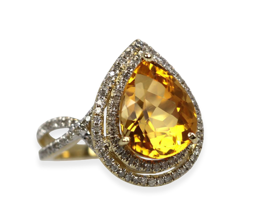 Citrine Pear Ring With Double Diamond Surround