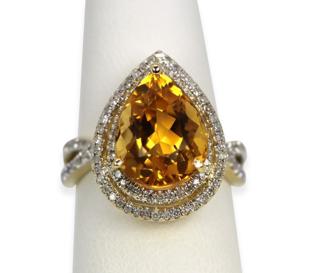 Citrine Pear Ring With Double Diamond Surround
