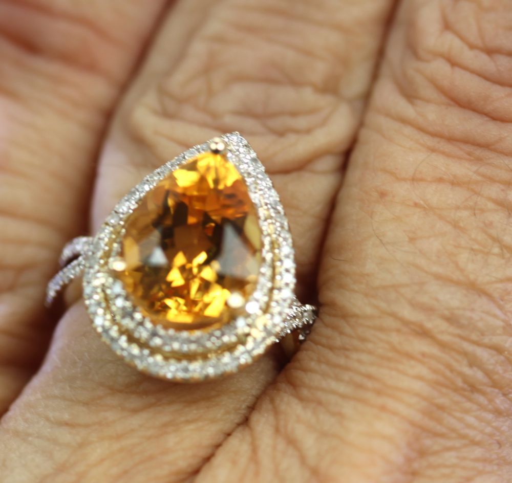 Citrine Pear Ring With Double Diamond Surround