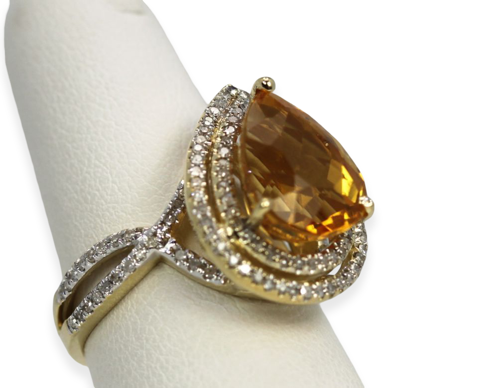 Citrine Pear Ring With Double Diamond Surround