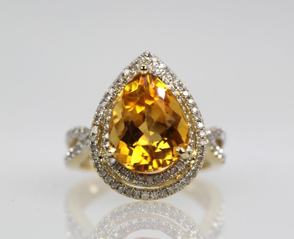 Citrine Pear Ring With Double Diamond Surround