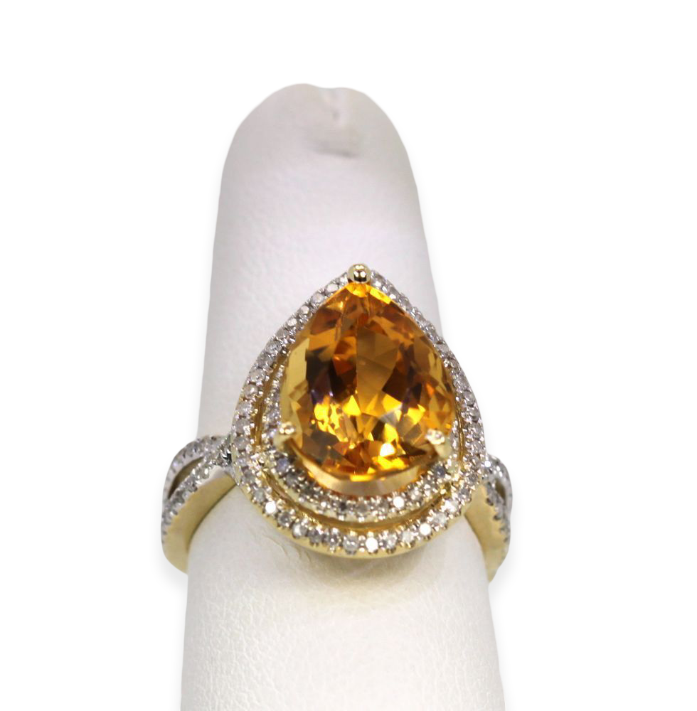 Citrine Pear Ring With Double Diamond Surround