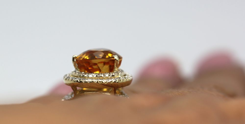 Citrine Pear Ring With Double Diamond Surround