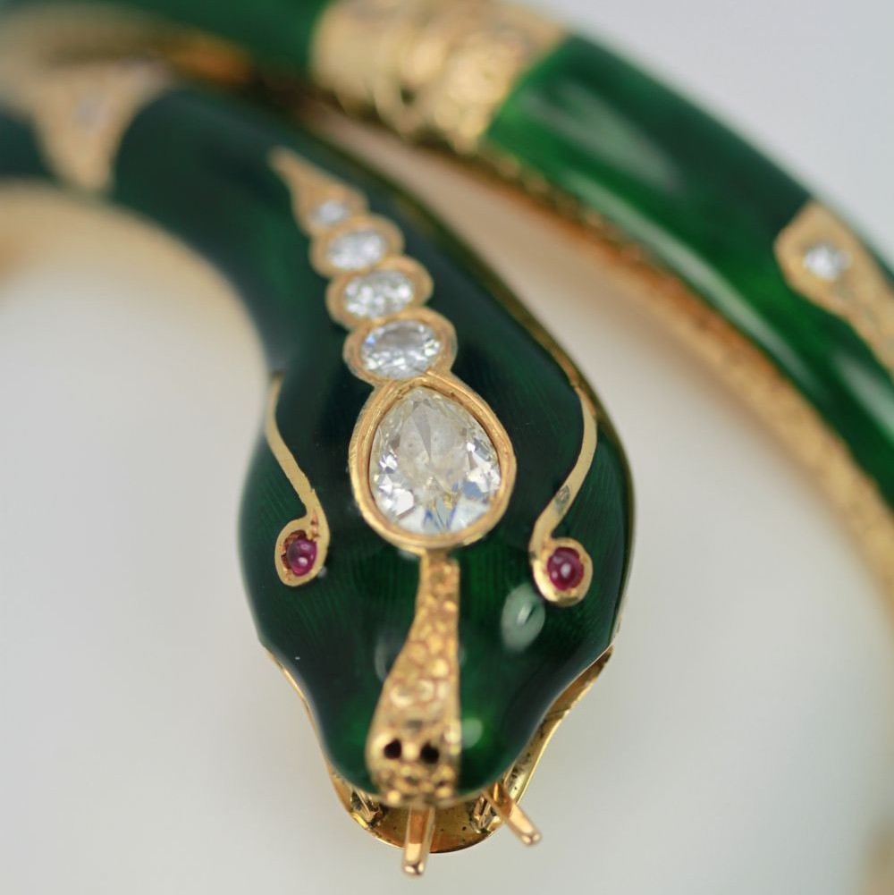 Enamel Snake Bangle Bracelet With Yellow Gold & Diamonds