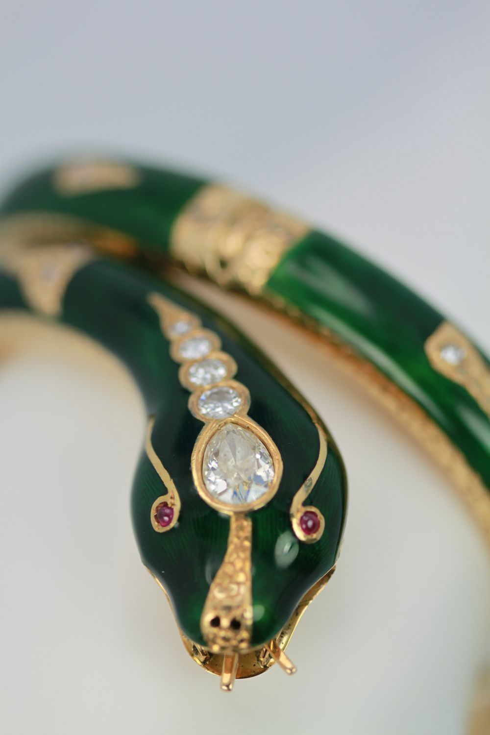 Enamel Snake Bangle Bracelet With Yellow Gold & Diamonds