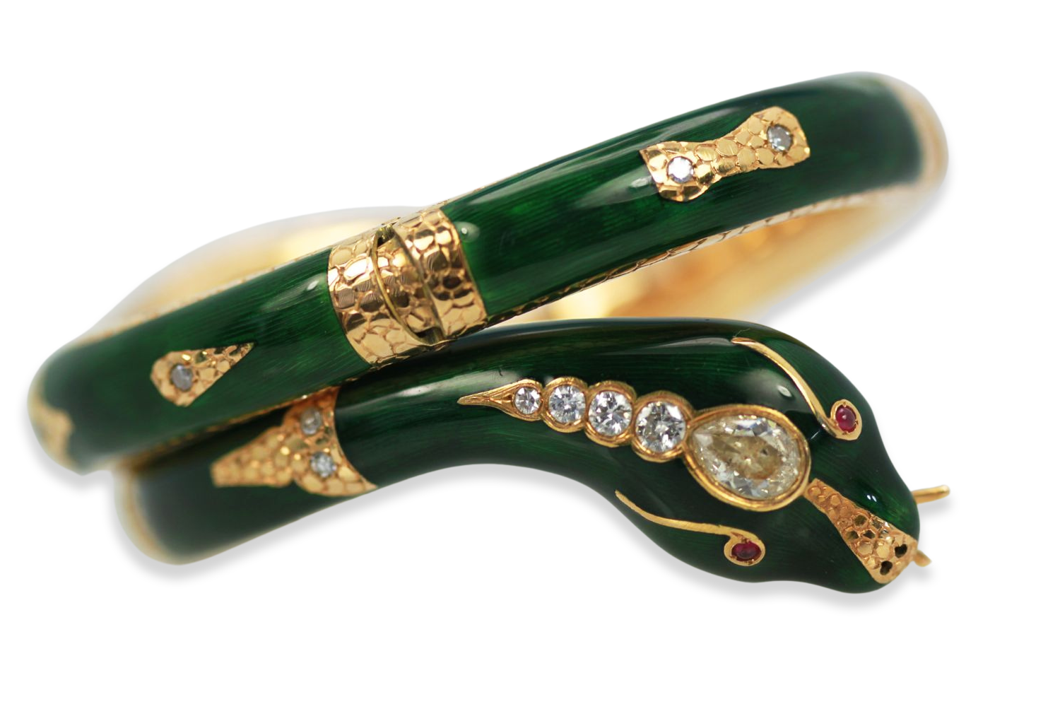 Enamel Snake Bangle Bracelet With Yellow Gold & Diamonds