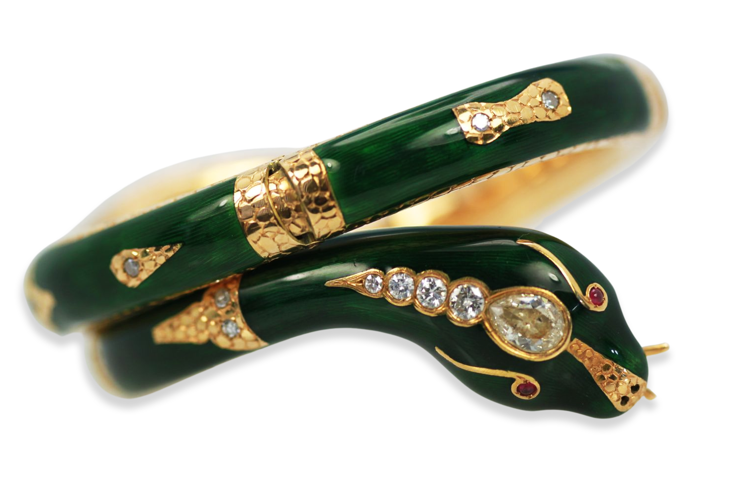 Enamel Snake Bangle Bracelet With Yellow Gold & Diamonds