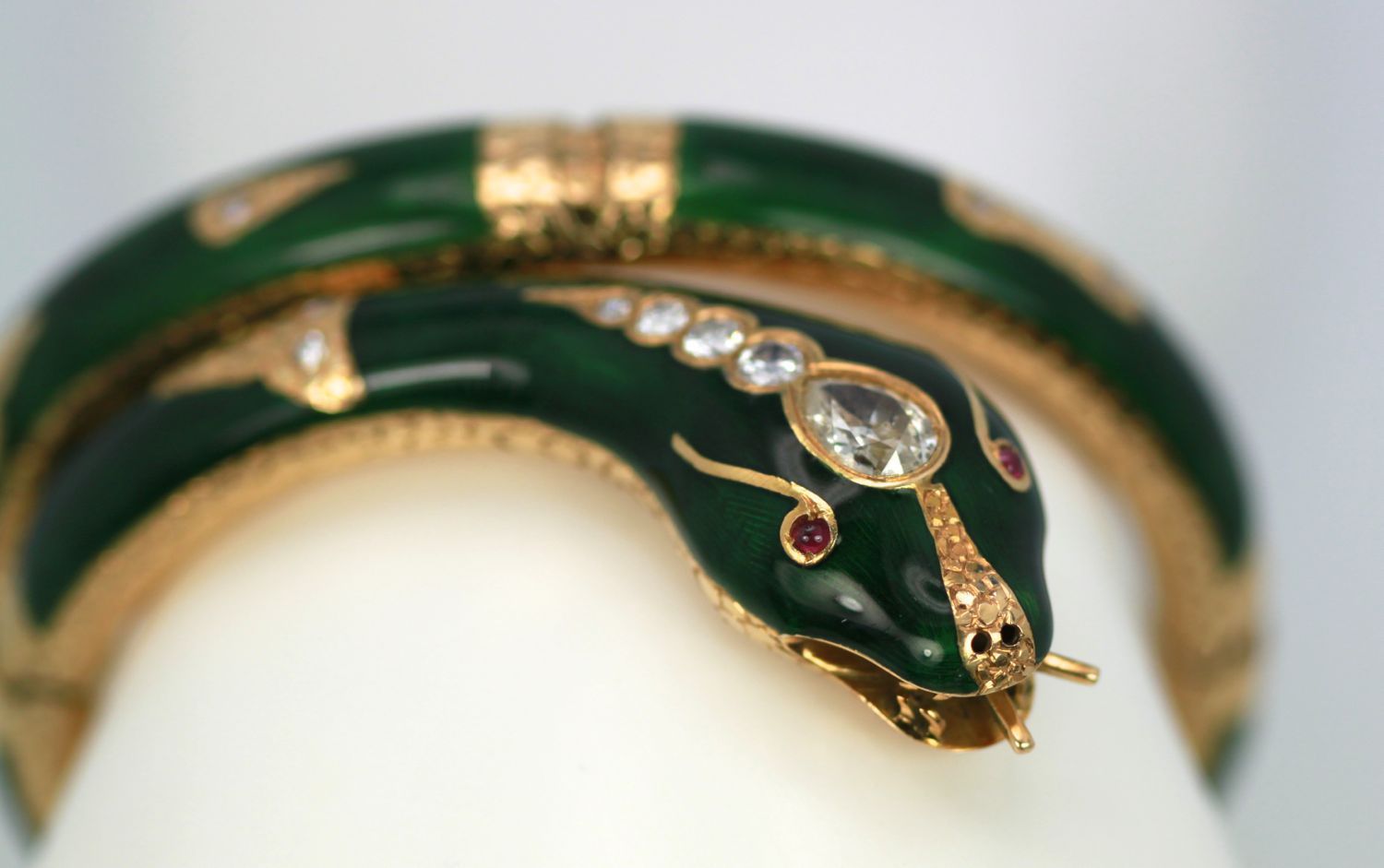 Enamel Snake Bangle Bracelet With Yellow Gold & Diamonds