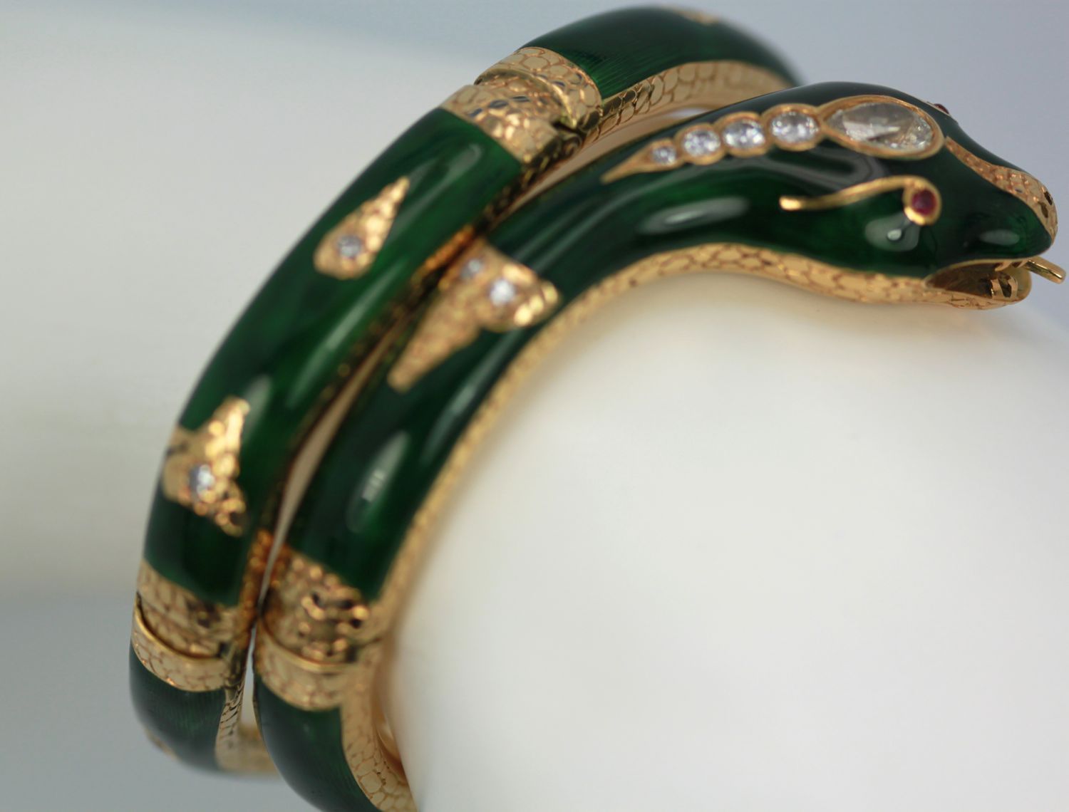 Enamel Snake Bangle Bracelet With Yellow Gold & Diamonds